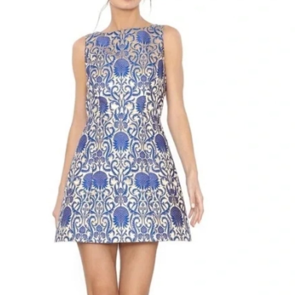 Nwot Alice + Olivia Carrie Structured Jacquard Mini Blue Dress L $485
